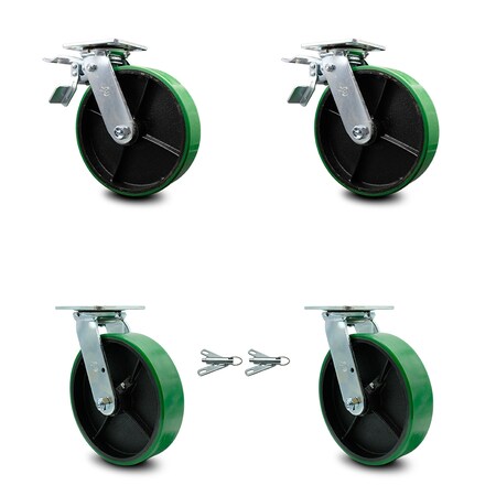 Service Caster 8 Inch Green Poly on Steel Caster Set with Roller Bearings 2 Brake 2 Swivel Lock SCC-TTL30S820-PUR-GB-2-BSL-2